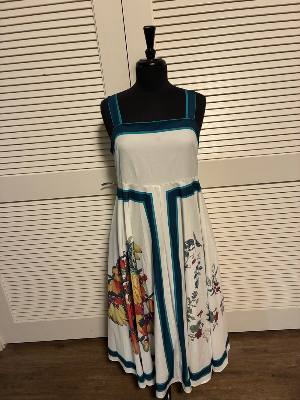 Modern Lux White Midi Dress with Teal Trim and Floral Panels